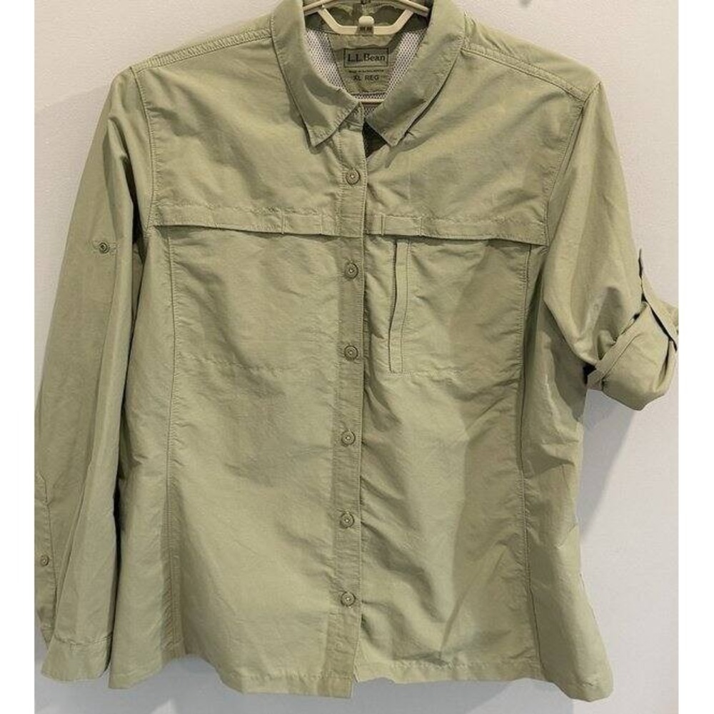 LL Bean Womens Tropicwear Shirt Long Sleeve Roll Tab Vented Pale Sage Green XL